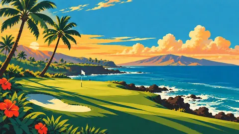 Tropical golf hole with ocean behind – vintage travel poster illustration Frame TV art