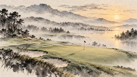 Golf in fog with a lone flag – zen sumi-e ink wash Frame TV art