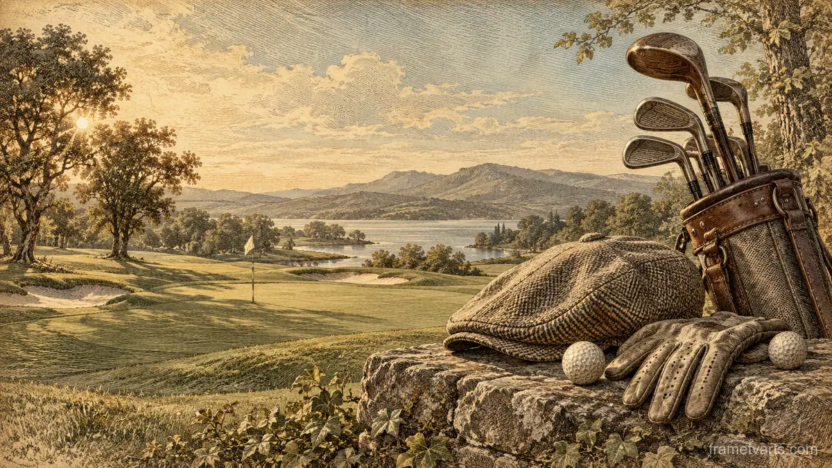 Vintage golf still life with a cap and gloves – vintage plate engraving Samsung Frame TV art, 4K