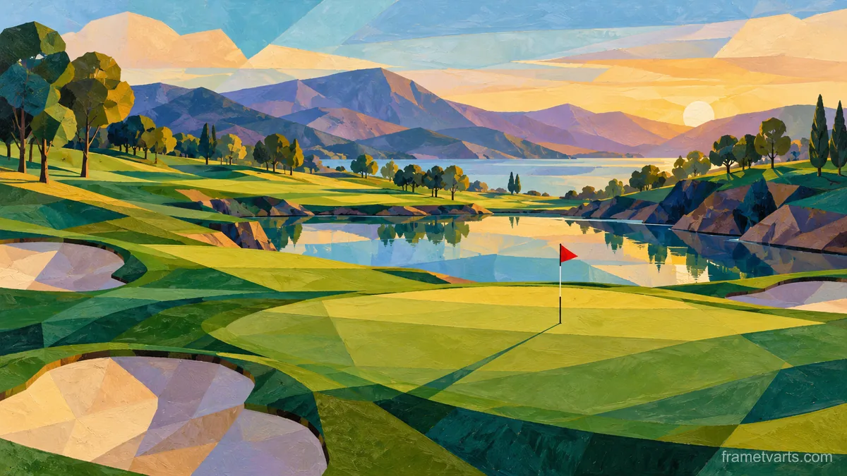 Golf course in jewel-tone geometric layers – jewel-tone geometric modernism Samsung Frame TV art, 4K