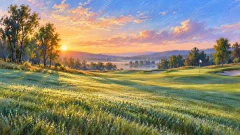 Morning dew trails across a fairway – chalk pastel study Frame TV art