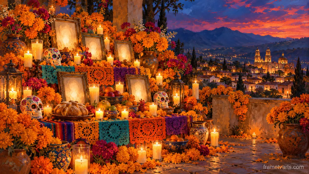 Ofrenda with marigolds, candles and framed photographs of blank light – atmospheric oil painting Samsung Frame TV art, 4K