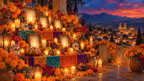 Ofrenda with marigolds, candles and framed photographs of blank light – atmospheric oil painting Frame TV art