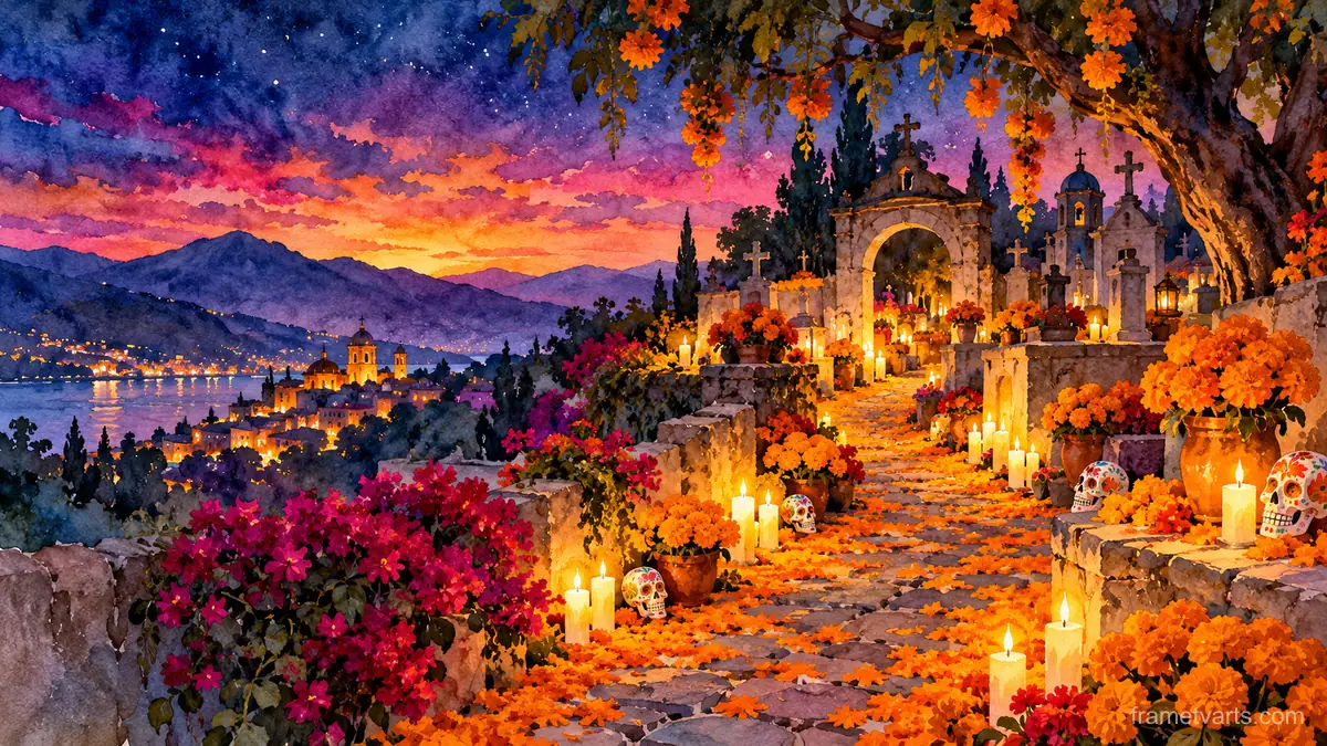 Marigold path leading to a candlelit cemetery – loose watercolor Samsung Frame TV art, 4K