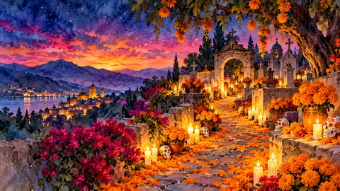 Marigold path leading to a candlelit cemetery – loose watercolor Frame TV art