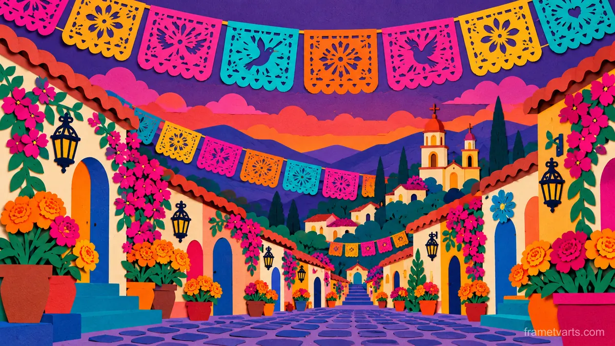 Papel picado banners over a village street at dusk – cut-paper folk illustration Samsung Frame TV art, 4K