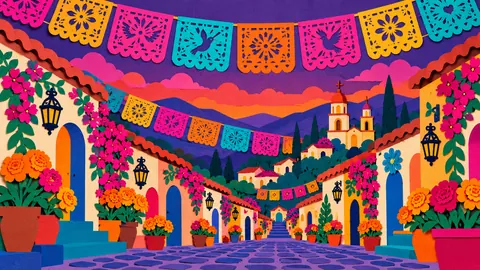 Papel picado banners over a village street at dusk – cut-paper folk illustration Frame TV art