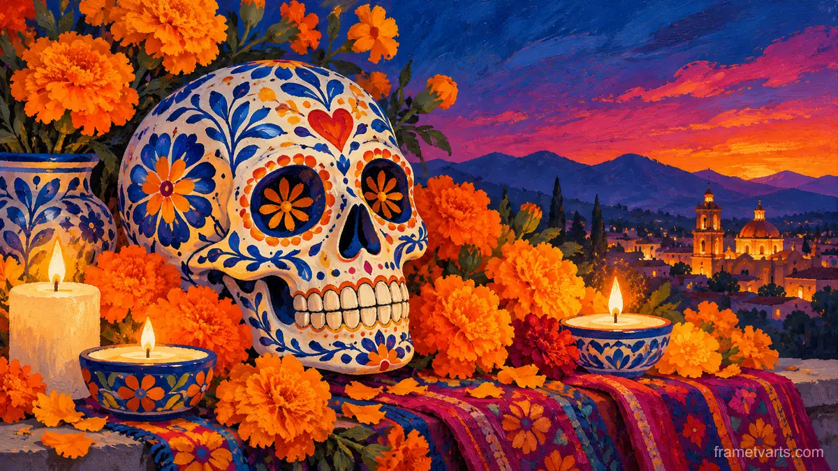 Decorated calavera with marigolds and blue patterns – decorative folk gouache Samsung Frame TV art, 4K