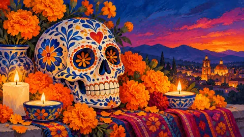 Decorated calavera with marigolds and blue patterns – decorative folk gouache Frame TV art
