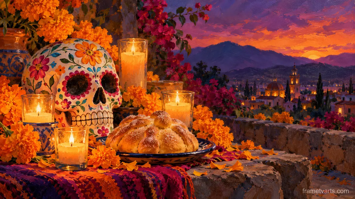 Calavera still life with pan de muerto and candles – tonal oil painting Samsung Frame TV art, 4K