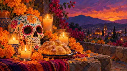 Calavera still life with pan de muerto and candles – tonal oil painting Frame TV art