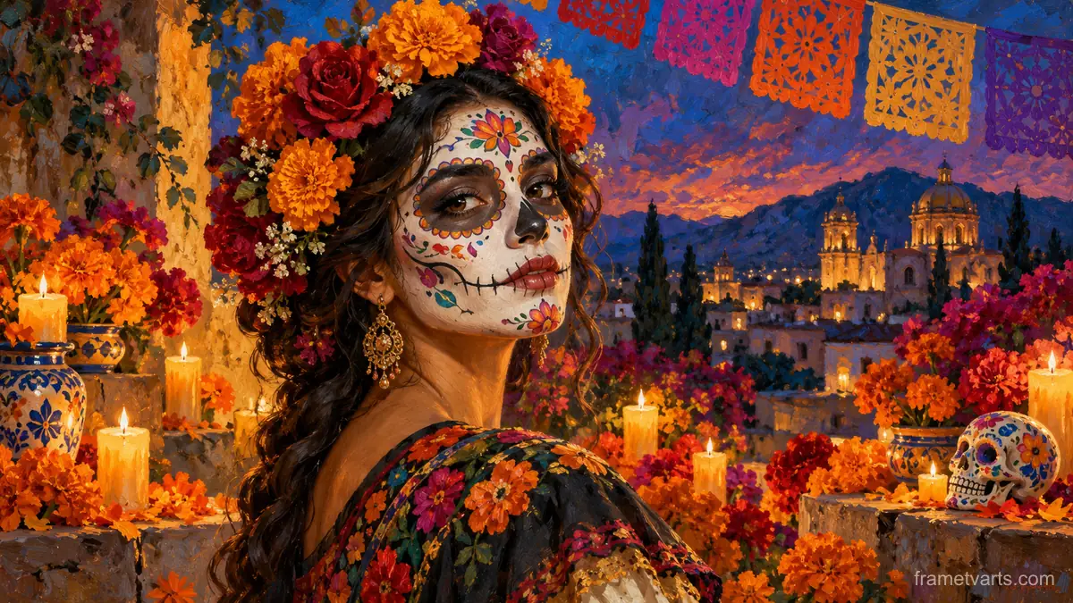 Woman with traditional Catrina face paint and a flower crown – contemporary figurative oil portrait Samsung Frame TV art, 4K