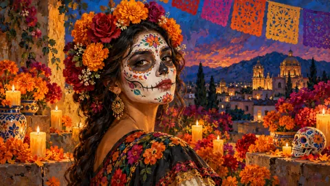 Woman with traditional Catrina face paint and a flower crown – contemporary figurative oil portrait Frame TV art