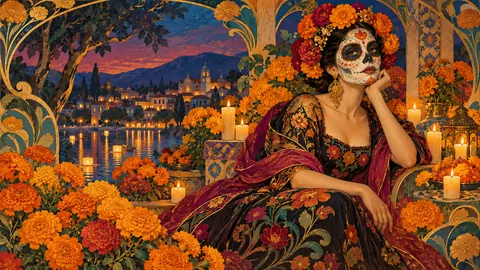Catrina in an elegant gown among marigolds – decorative art nouveau painting Frame TV art