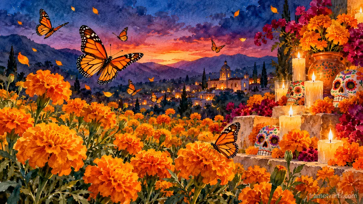 Monarch butterflies over a marigold field – loose watercolor Samsung Frame TV art, 4K