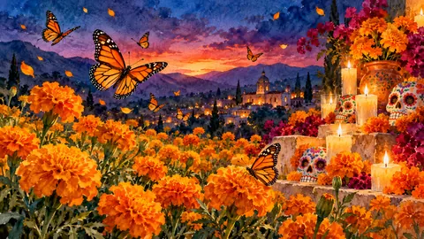 Monarch butterflies over a marigold field – loose watercolor Frame TV art