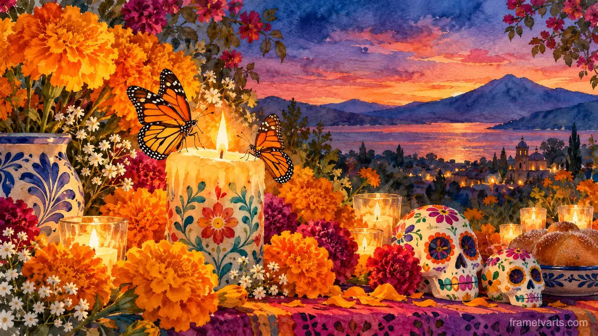 Monarch butterflies resting on an ofrenda candle – botanical watercolor Samsung Frame TV art, 4K