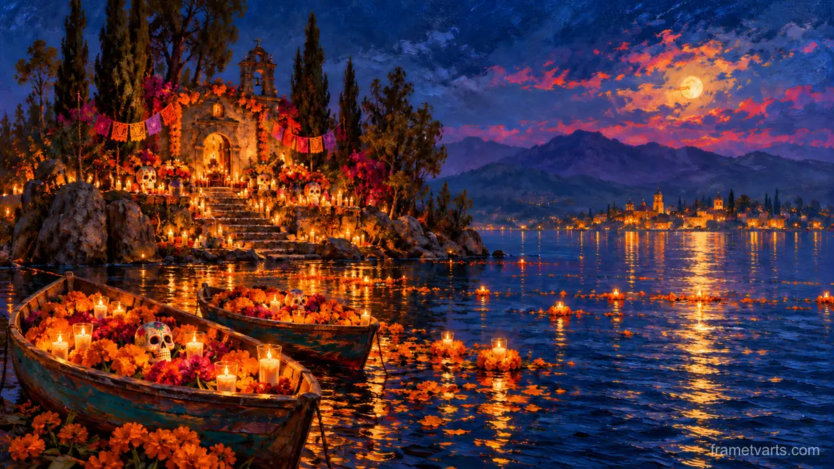 Candlelit boats on a lake island at night – atmospheric oil painting Samsung Frame TV art, 4K
