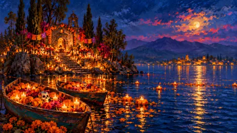 Candlelit boats on a lake island at night – atmospheric oil painting Frame TV art