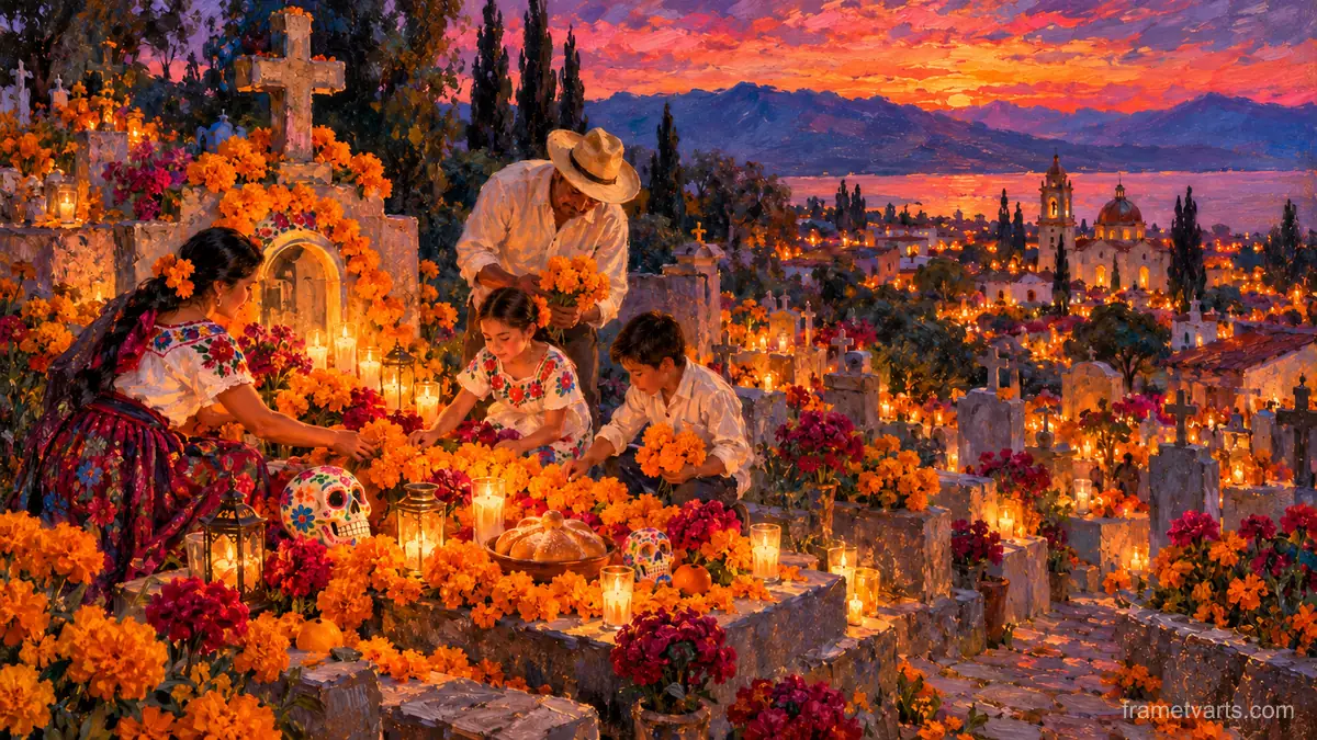 Family placing marigolds on a grave at dusk – impressionist oil painting Samsung Frame TV art, 4K