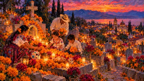 Family placing marigolds on a grave at dusk – impressionist oil painting Frame TV art
