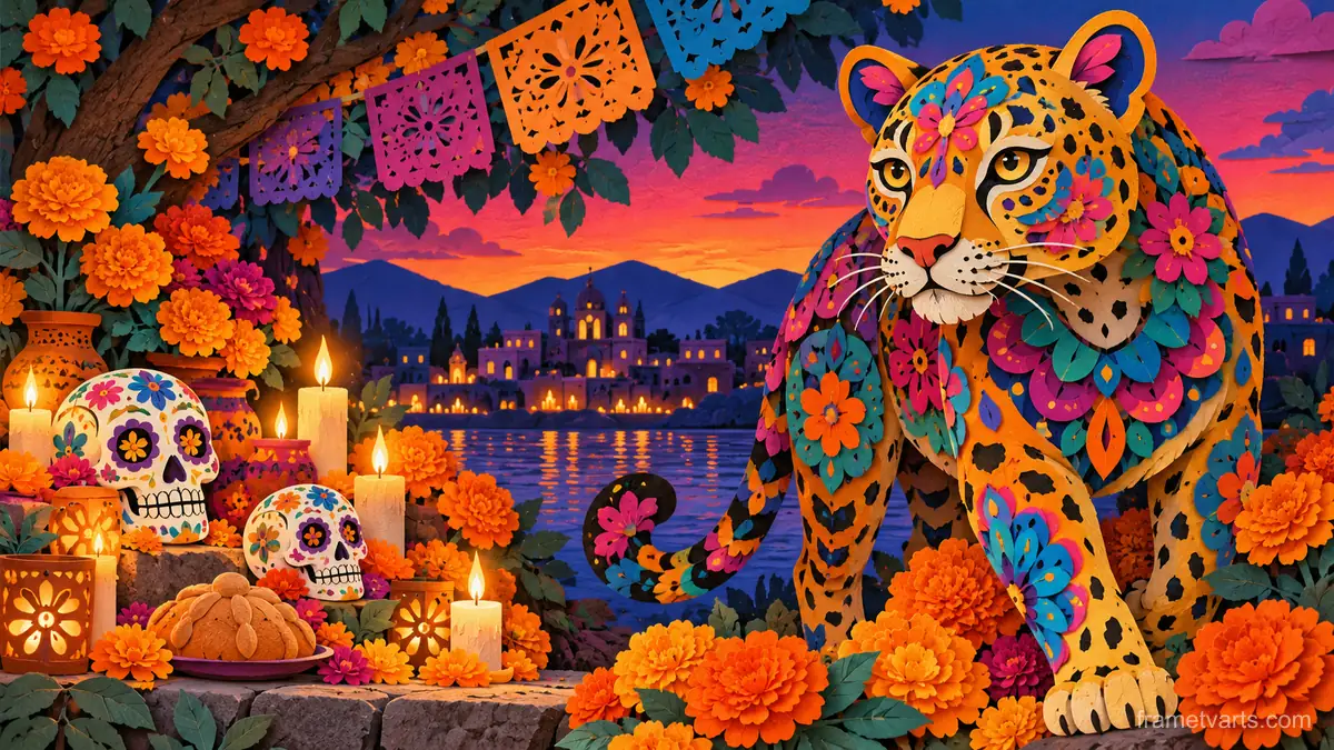 Alebrije jaguar in vivid folk patterns – cut-paper folk illustration Samsung Frame TV art, 4K