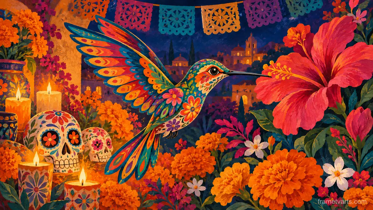 Alebrije hummingbird among flowers – decorative folk gouache Samsung Frame TV art, 4K