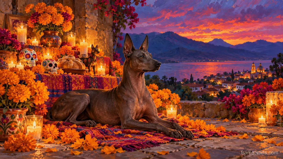 Xoloitzcuintle dog beside a marigold altar – tonal oil painting Samsung Frame TV art, 4K