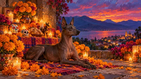Xoloitzcuintle dog beside a marigold altar – tonal oil painting Frame TV art