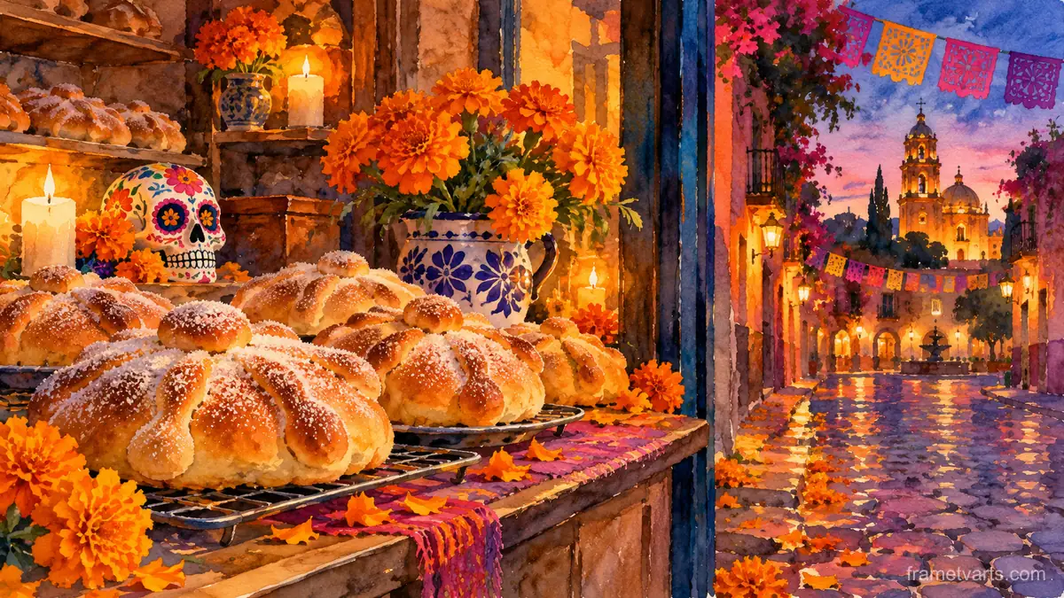 Pan de muerto loaves cooling in a bakery window – loose watercolor Samsung Frame TV art, 4K