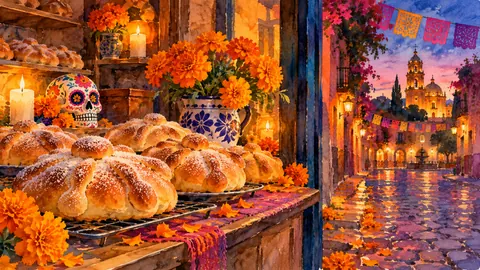 Pan de muerto loaves cooling in a bakery window – loose watercolor Frame TV art