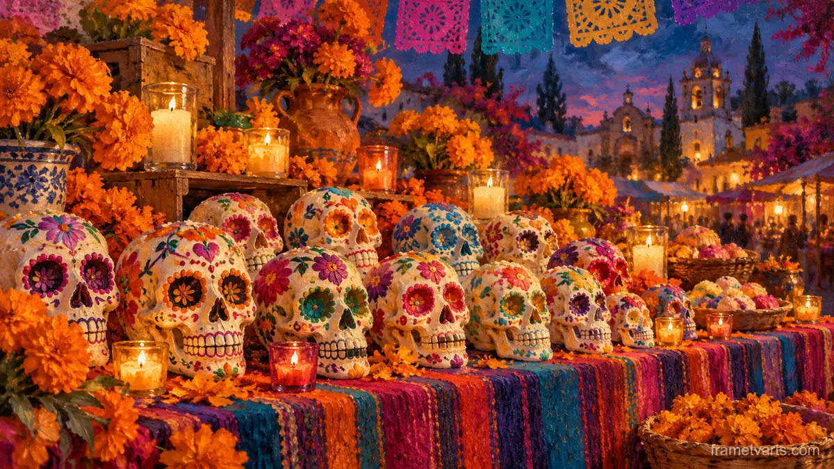 Sugar skulls in rows on a market table – impressionist oil painting Samsung Frame TV art, 4K