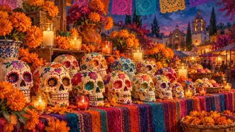 Sugar skulls in rows on a market table – impressionist oil painting Frame TV art