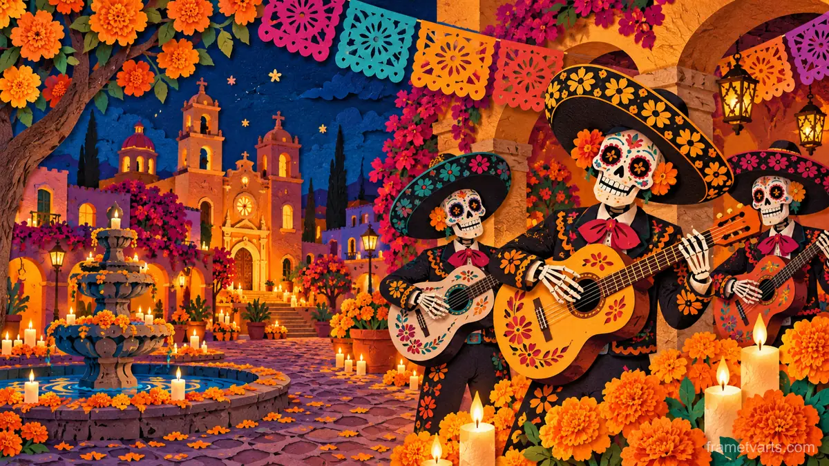 Calavera musicians playing guitars in a plaza – cut-paper folk illustration Samsung Frame TV art, 4K