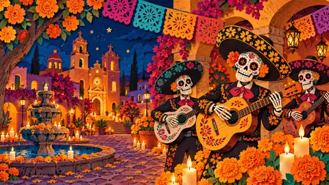 Calavera musicians playing guitars in a plaza – cut-paper folk illustration Frame TV art