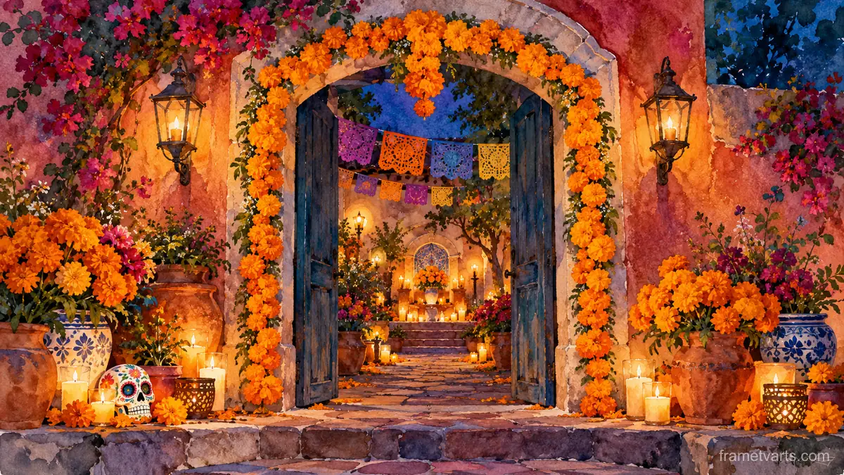 Marigold garland around an arched doorway – elegant watercolor Samsung Frame TV art, 4K