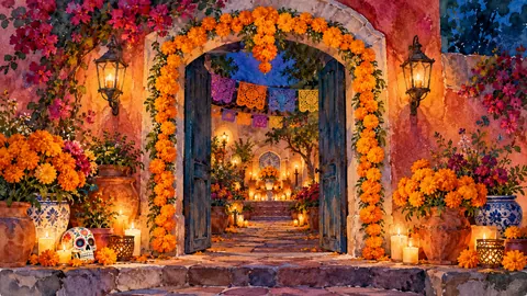 Marigold garland around an arched doorway – elegant watercolor Frame TV art