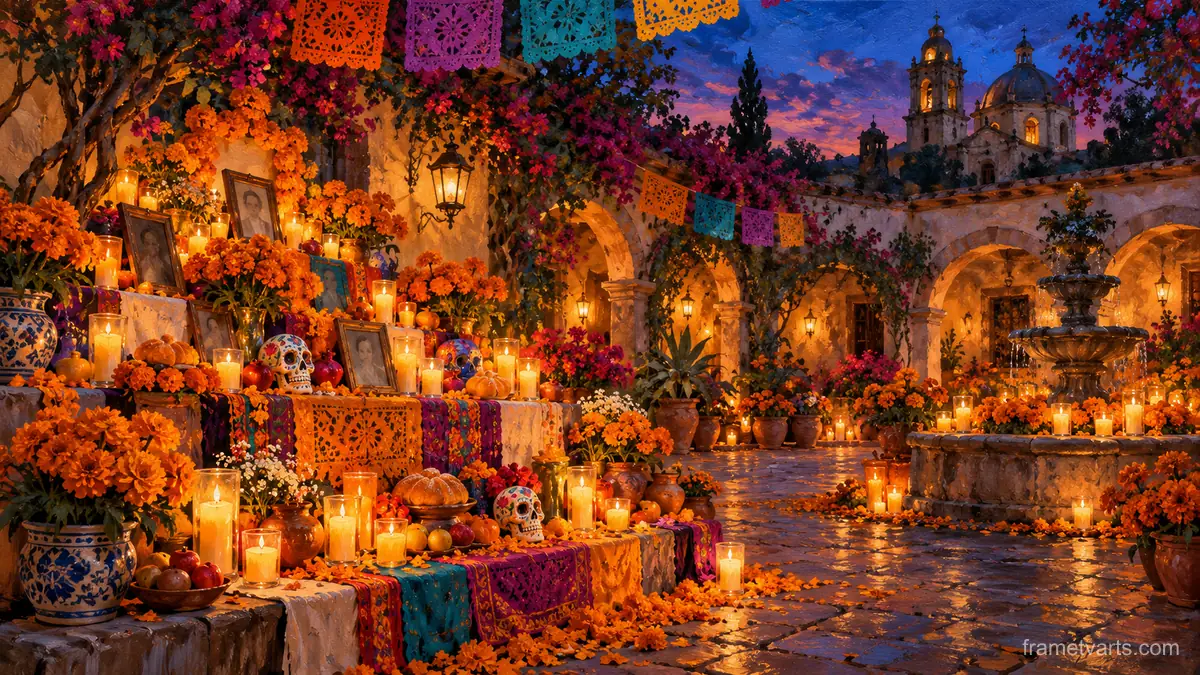 Ofrenda in a colonial courtyard with candles – atmospheric oil painting Samsung Frame TV art, 4K