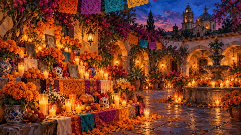 Ofrenda in a colonial courtyard with candles – atmospheric oil painting Frame TV art