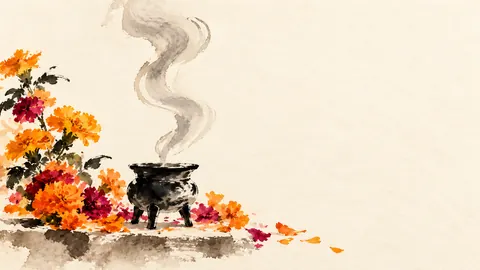 Copal smoke rising over an altar of flowers – minimal ink and wash Frame TV art