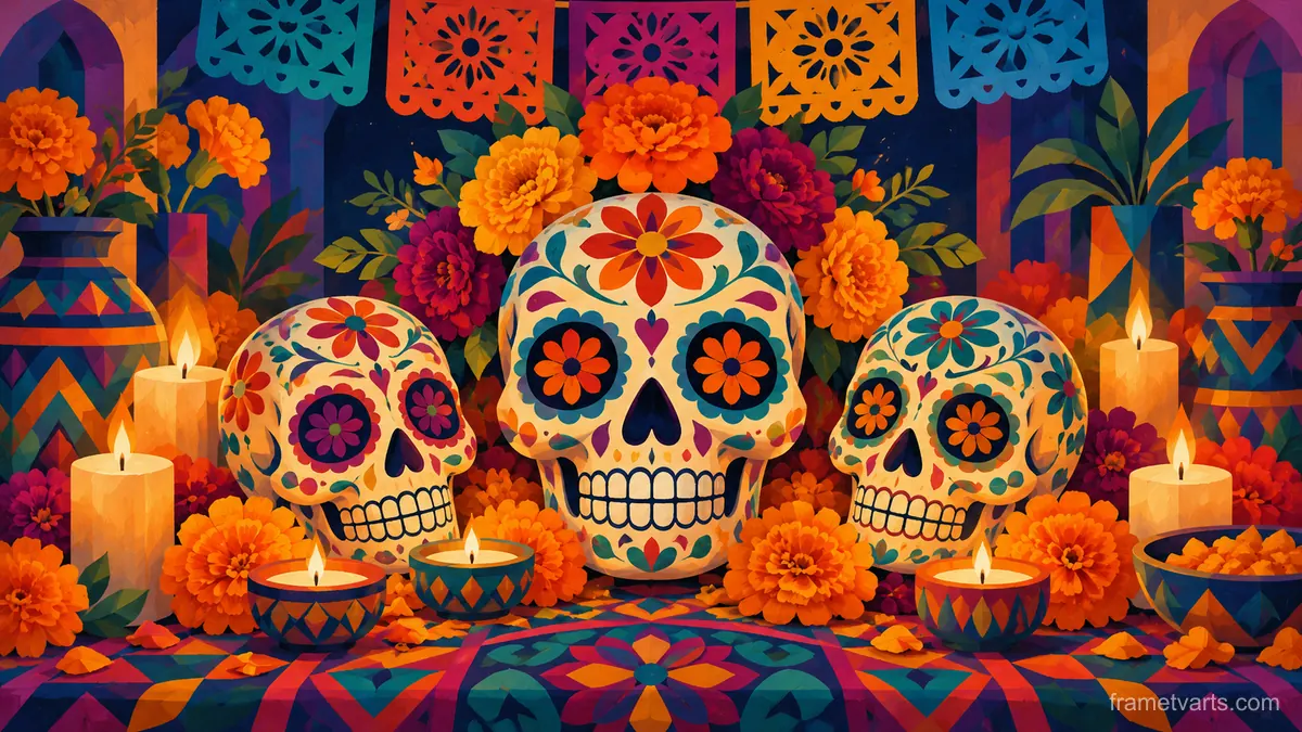 Calavera pattern in flat jewel tones – jewel-tone geometric modernism Samsung Frame TV art, 4K