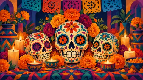 Calavera pattern in flat jewel tones – jewel-tone geometric modernism Frame TV art