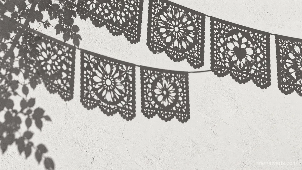 Papel picado shadows on a sunny wall – monochrome minimalist abstraction Samsung Frame TV art, 4K