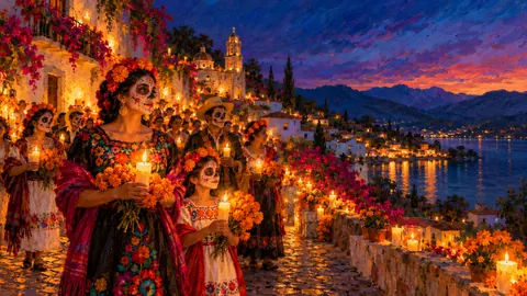 Night procession with candles through a village – atmospheric oil painting Frame TV art