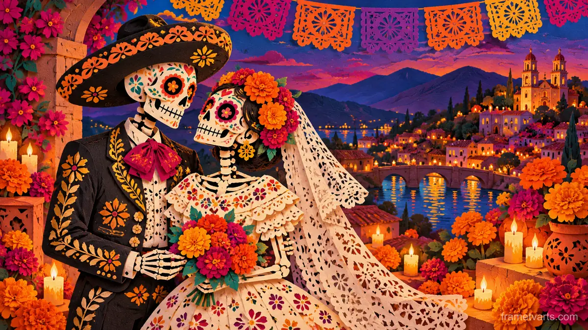 Calavera bride and groom in folk style – cut-paper folk illustration Samsung Frame TV art, 4K