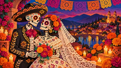 Calavera bride and groom in folk style – cut-paper folk illustration Frame TV art