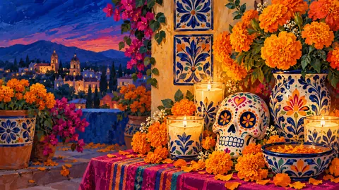 Talavera tiles with marigolds and candles – decorative folk gouache Frame TV art