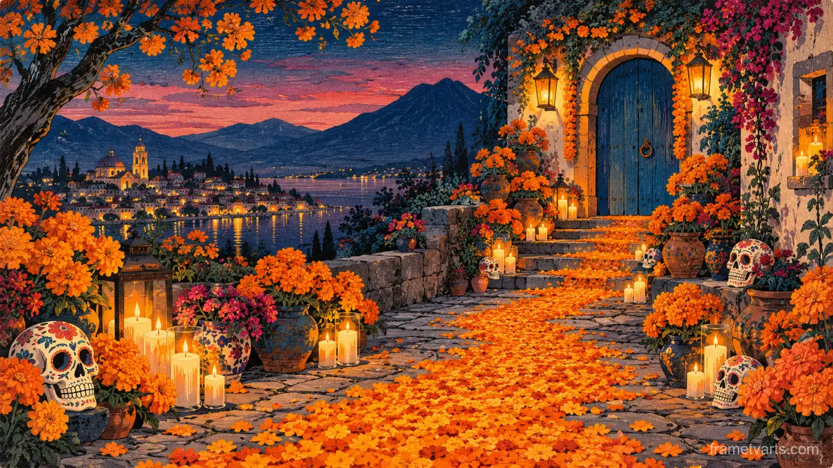 Marigold petal path leading to a blue doorway – japanese-inspired woodblock print Samsung Frame TV art, 4K
