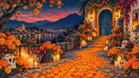 Marigold petal path leading to a blue doorway – japanese-inspired woodblock print Frame TV art