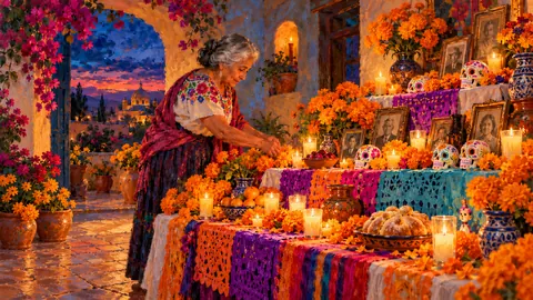 Grandmother arranging an ofrenda at home – impressionist oil painting Frame TV art